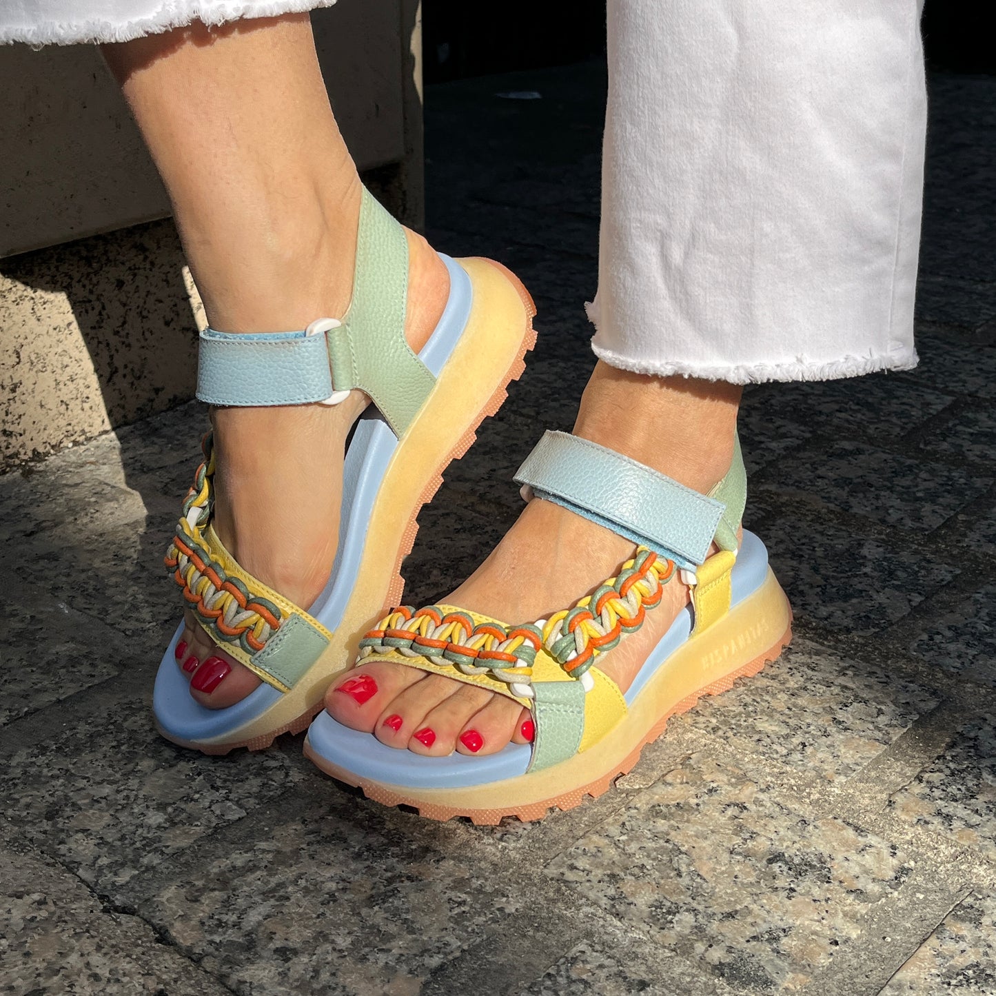 Hispanitas HV253898 Eucalipto, Yellow & Blue Combi Velcro Sandals