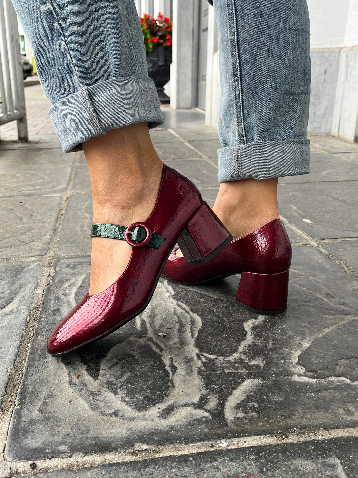 Rieker 44752-35 Red & Dark Green Block Heel Mary Jane Shoes