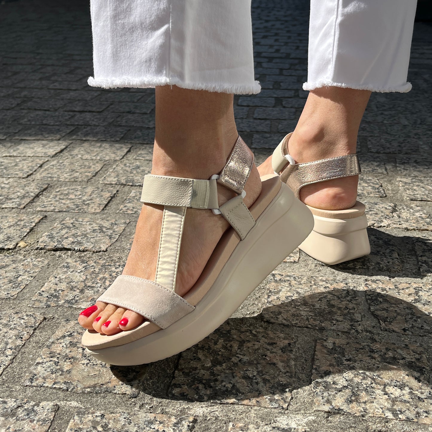 Callaghan 29925 Cream,Beige Velcro Sandals with Gold Slingback Strap