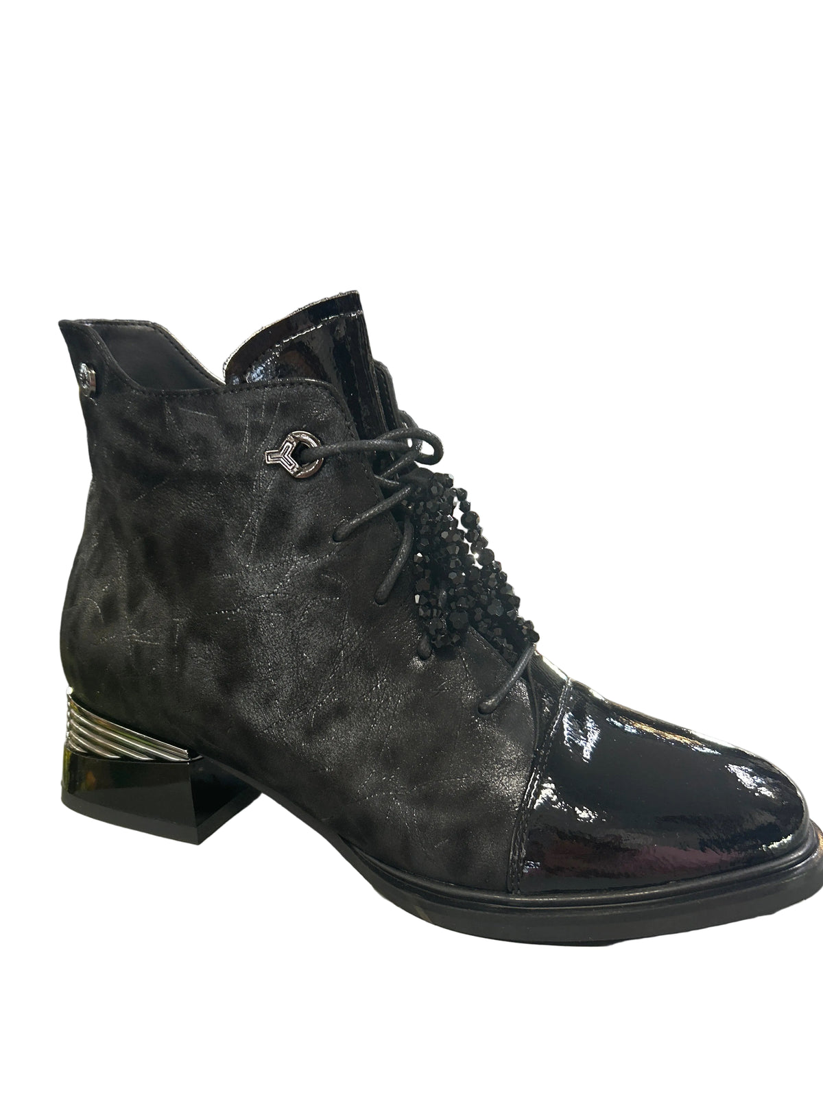 Loretta Vitale C38155 Black Suede Shimmer Boots with Patent Toe