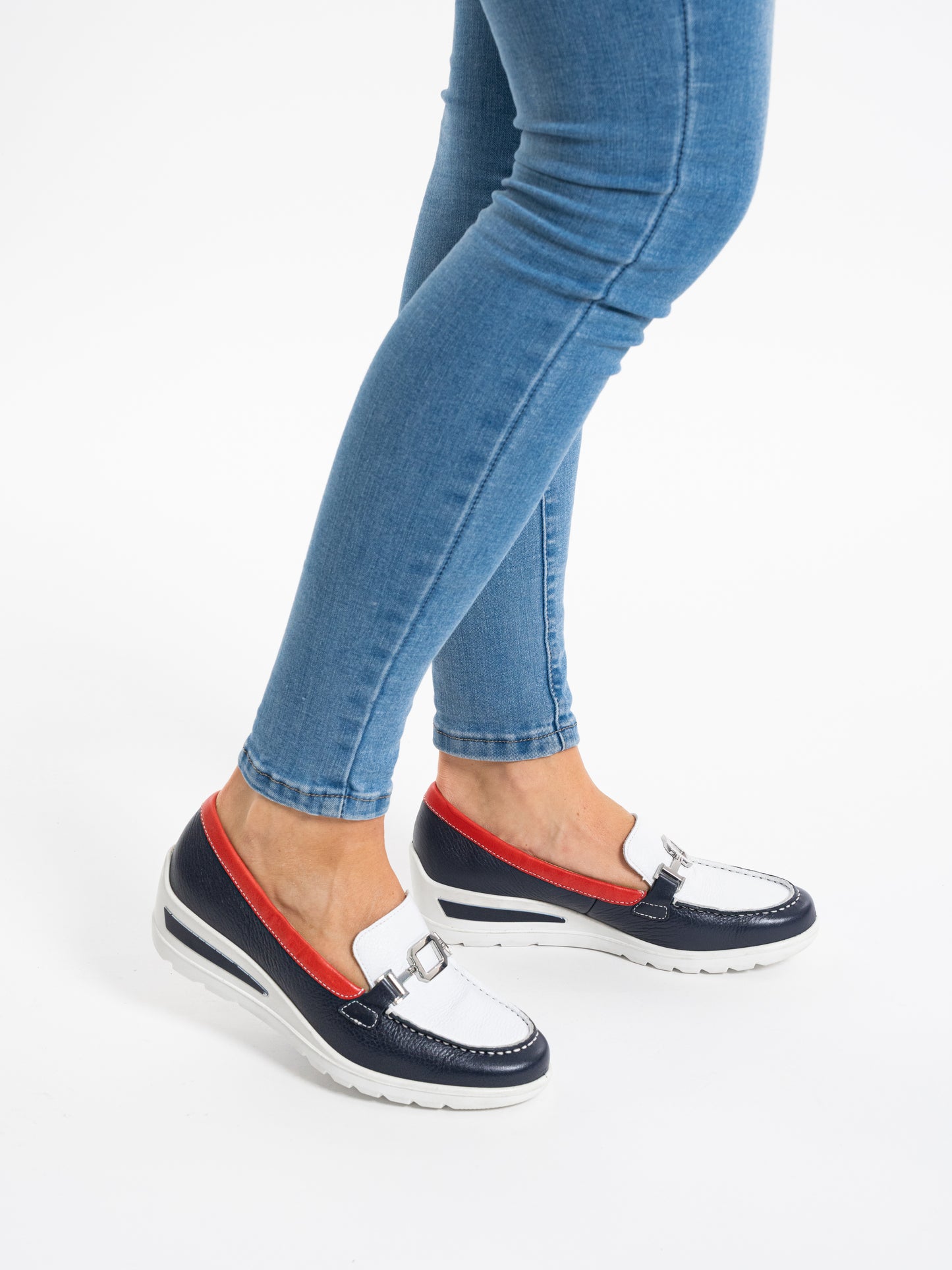 Ara 12-50638 02 Zurich 2.0 White, Navy & Red H Fit Slip On Wedge Shoes