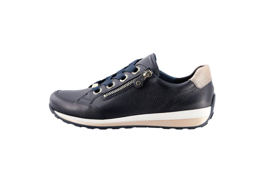 Ara 12-64587 12 Osaka-Highsoft H Fit Navy Sneakers with Zip & Gold Heel