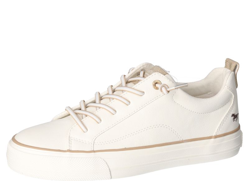 Mustang 1272-311-1 White, Beige & Gold Trim Elastic Lace Trainers