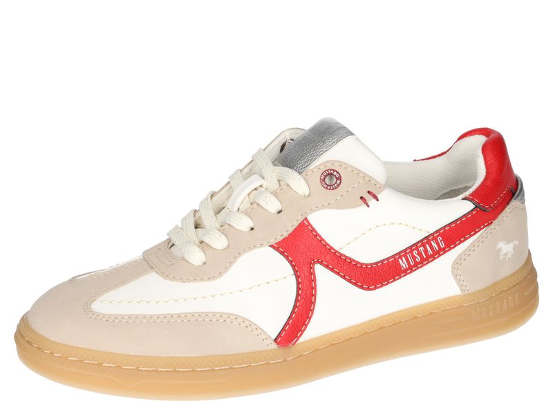 Mustang 1511-303-015 White & Beige Lace Trainers with Red Trim