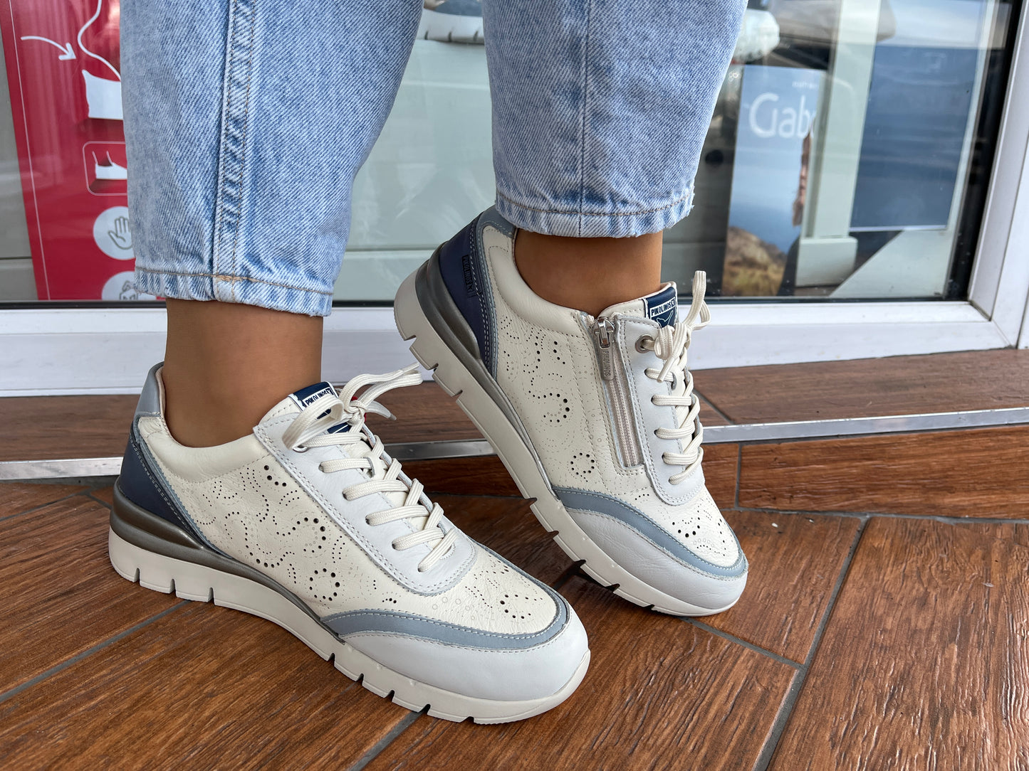 Pikolinos CANTABRIA W4R-6622C2 Nata Espum Cream & Blue Combi Shoes with Lace & Side Zip