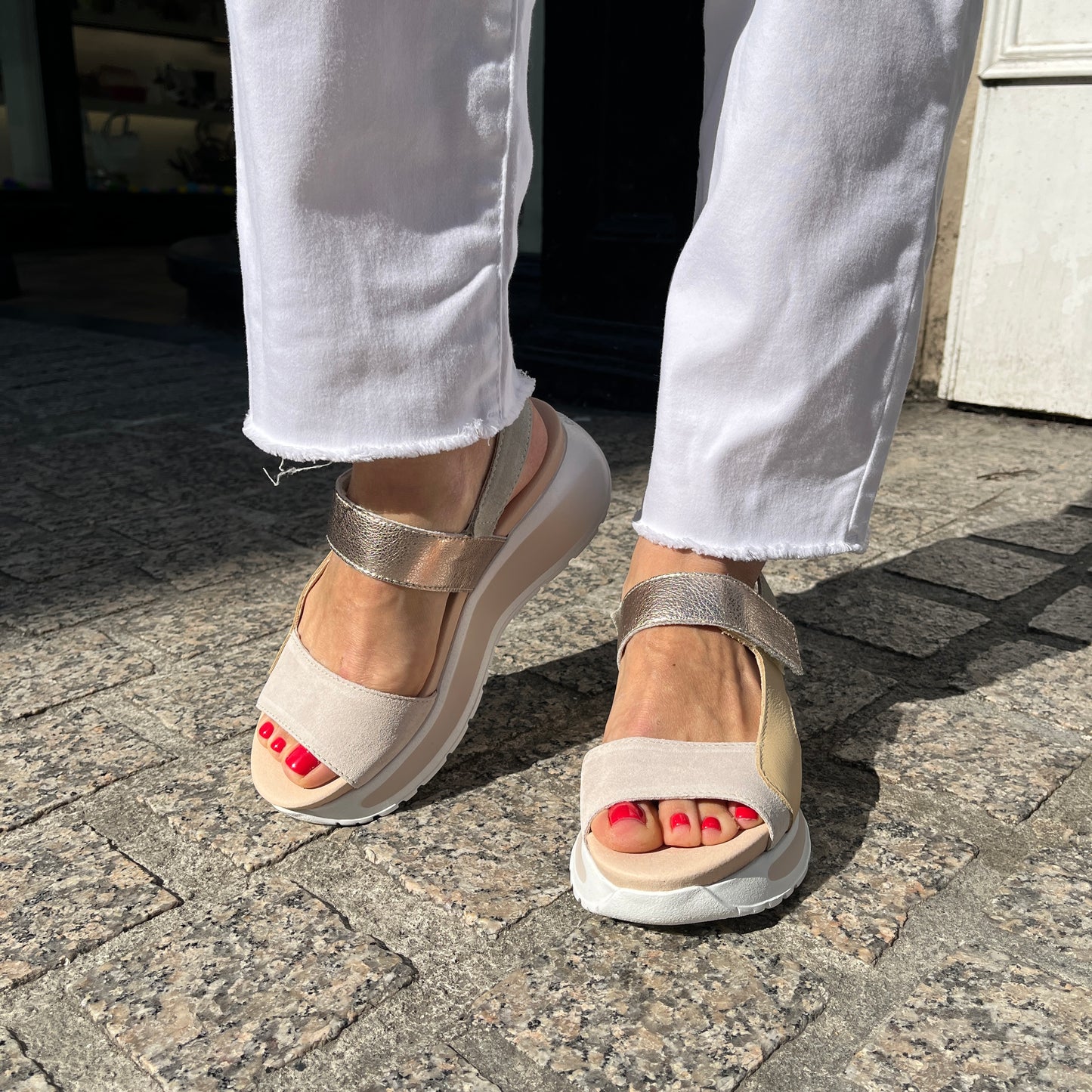 Callaghan 35200 Cream & Green Mint & Gold Combi Velcro Sandals with Slingback Strap