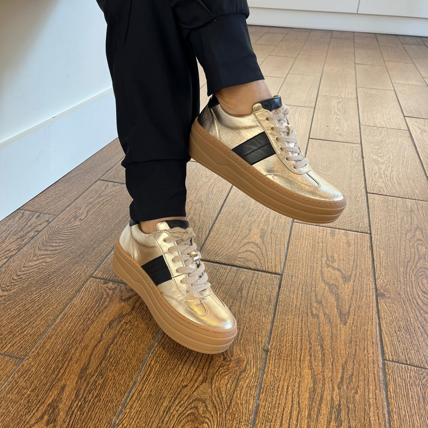 Gabor 73.350.62 Champagne Gold & Black Trainers with Platform Sole
