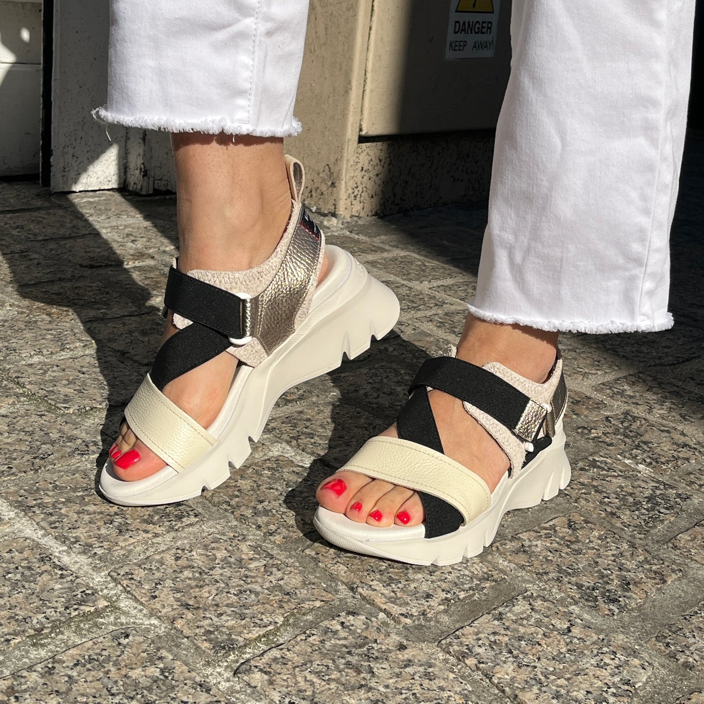 Hispanitas HV254007 Black, Cream Latte & Gold Combi Velcro Sandals