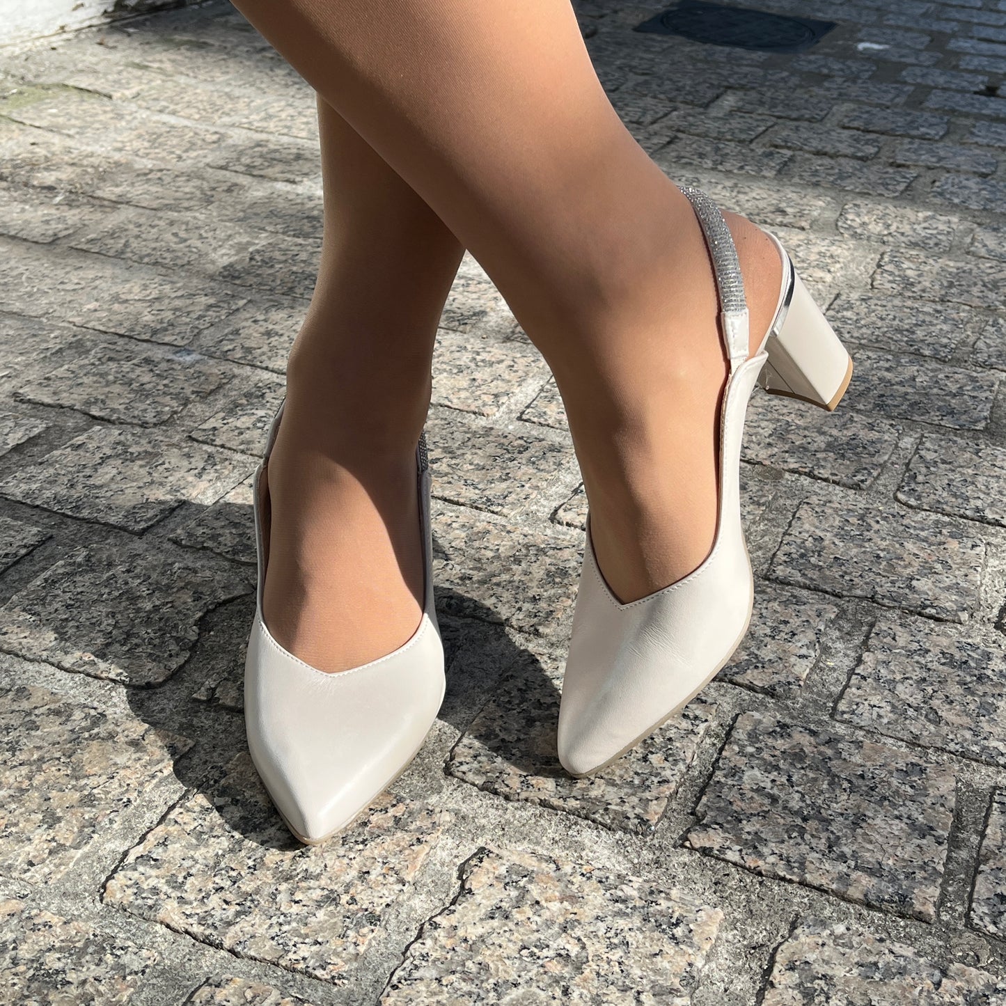 Bioeco by Arka 4186 2380+1661 Pearl Leather Block Heels with Slingback Strap