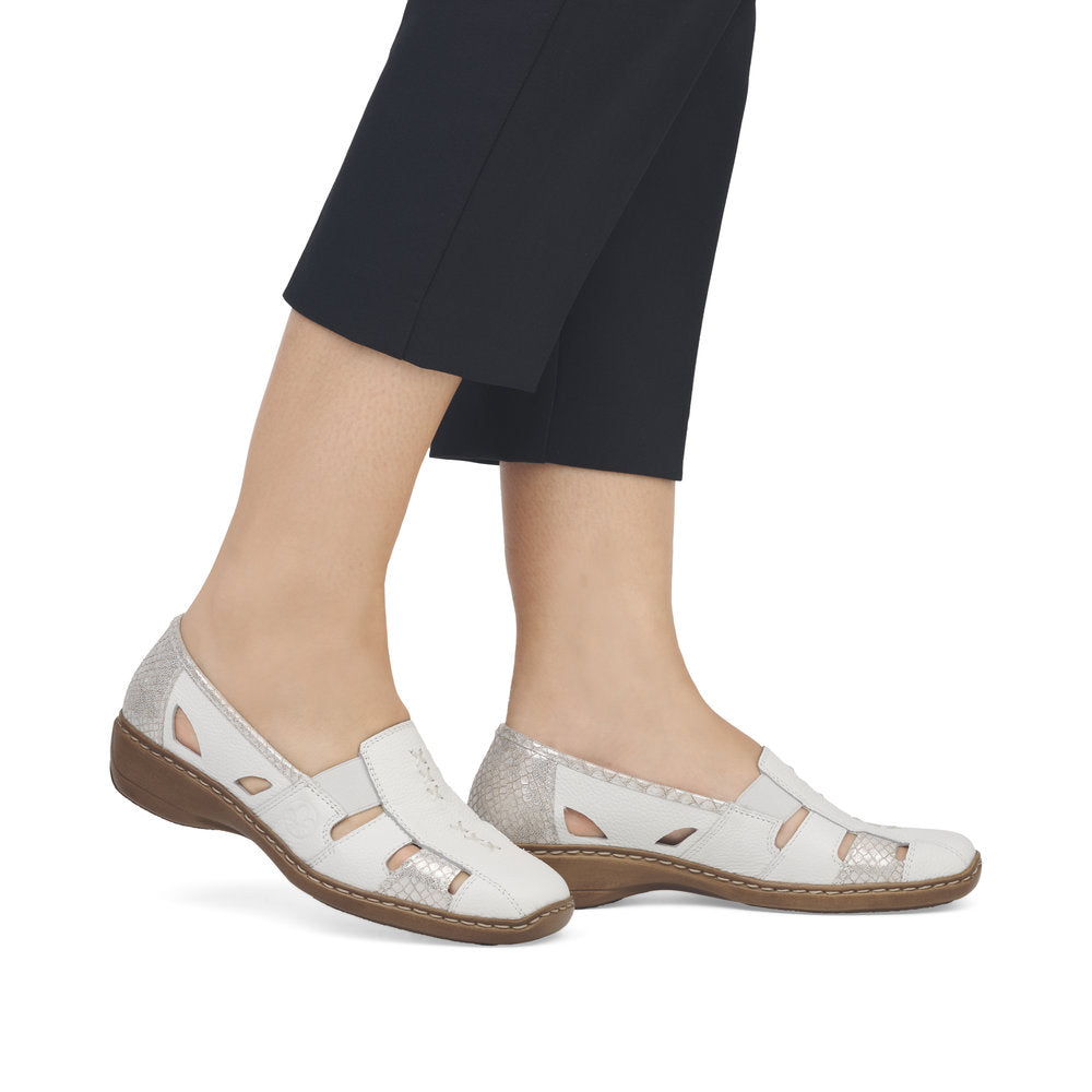 Rieker 41385-80 Off White E Fit Front Cross Stitch Slip On Shoes