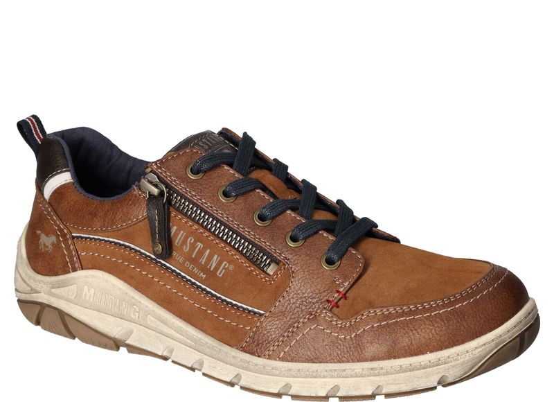 Mustang 4160-302-301 Chestnut Tan White Stitch Navy Lace Shoes with Zip