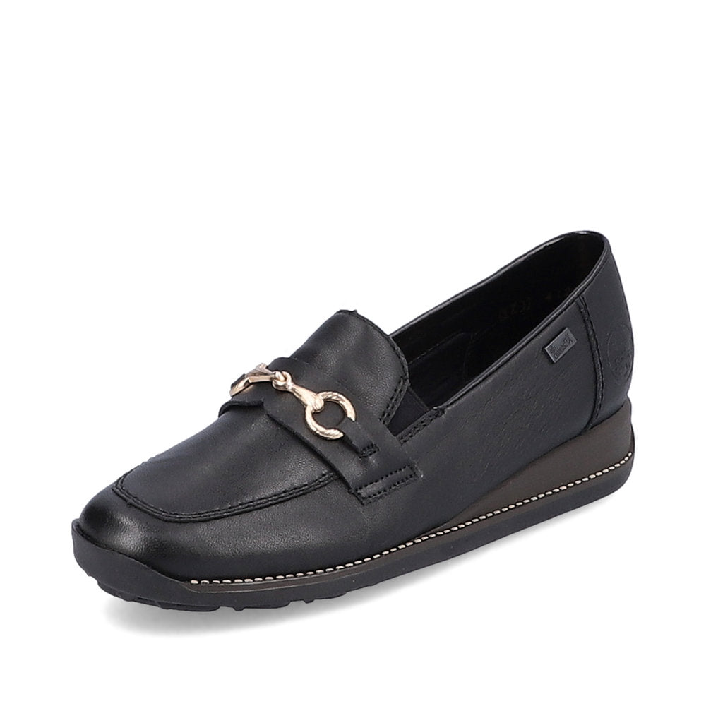 Rieker 44285-00 Tex Black Slip On Shoes with Gold Link Detail