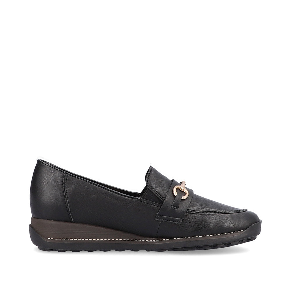 Rieker 44285-00 Tex Black Slip On Shoes with Gold Link Detail