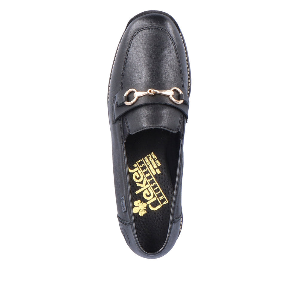 Rieker 44285-00 Tex Black Slip On Shoes with Gold Link Detail