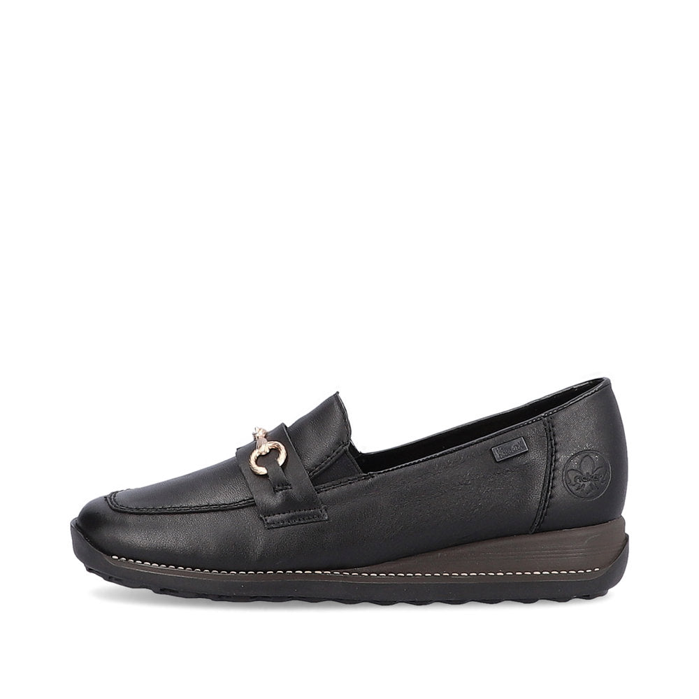 Rieker 44285-00 Tex Black Slip On Shoes with Gold Link Detail