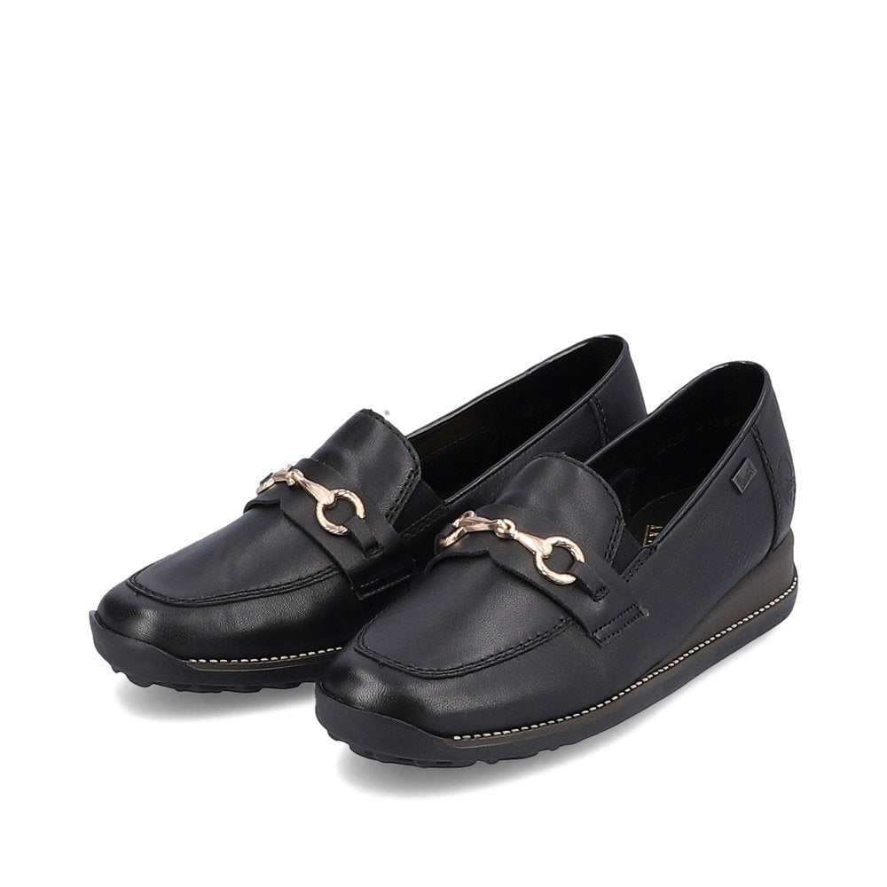 Rieker 44285-00 Tex Black Slip On Shoes with Gold Link Detail