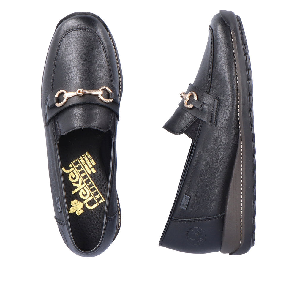 Rieker 44285-00 Tex Black Slip On Shoes with Gold Link Detail