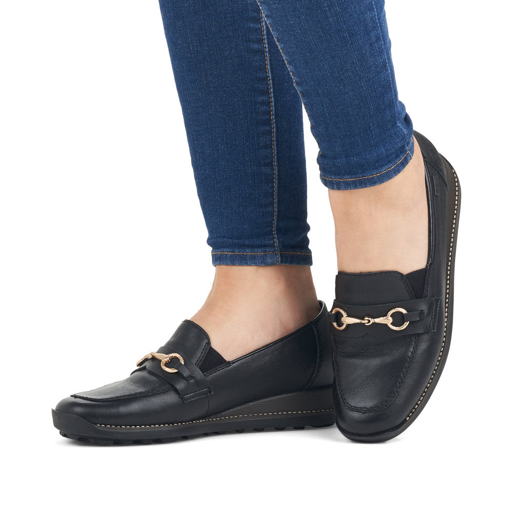 Rieker 44285-00 Tex Black Slip On Shoes with Gold Link Detail