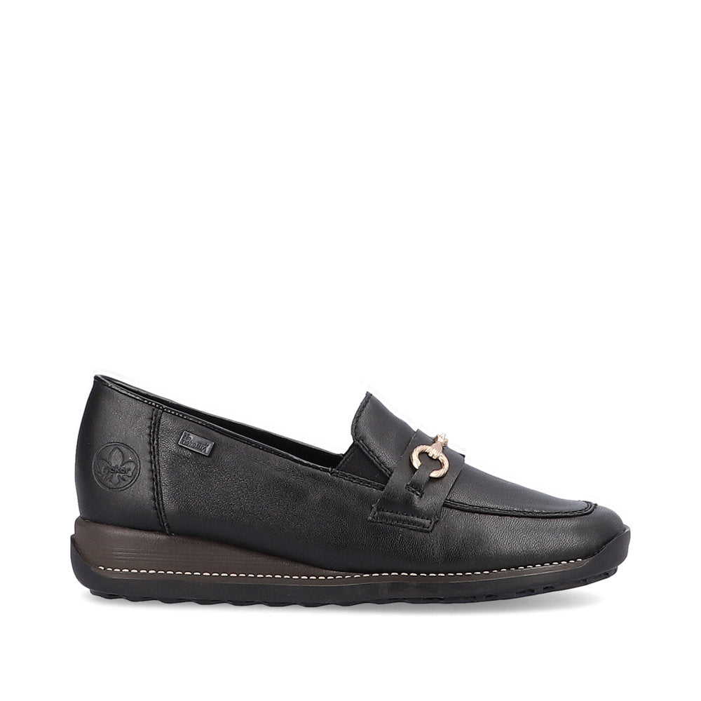 Rieker 44285-00 Tex Black Slip On Shoes with Gold Link Detail