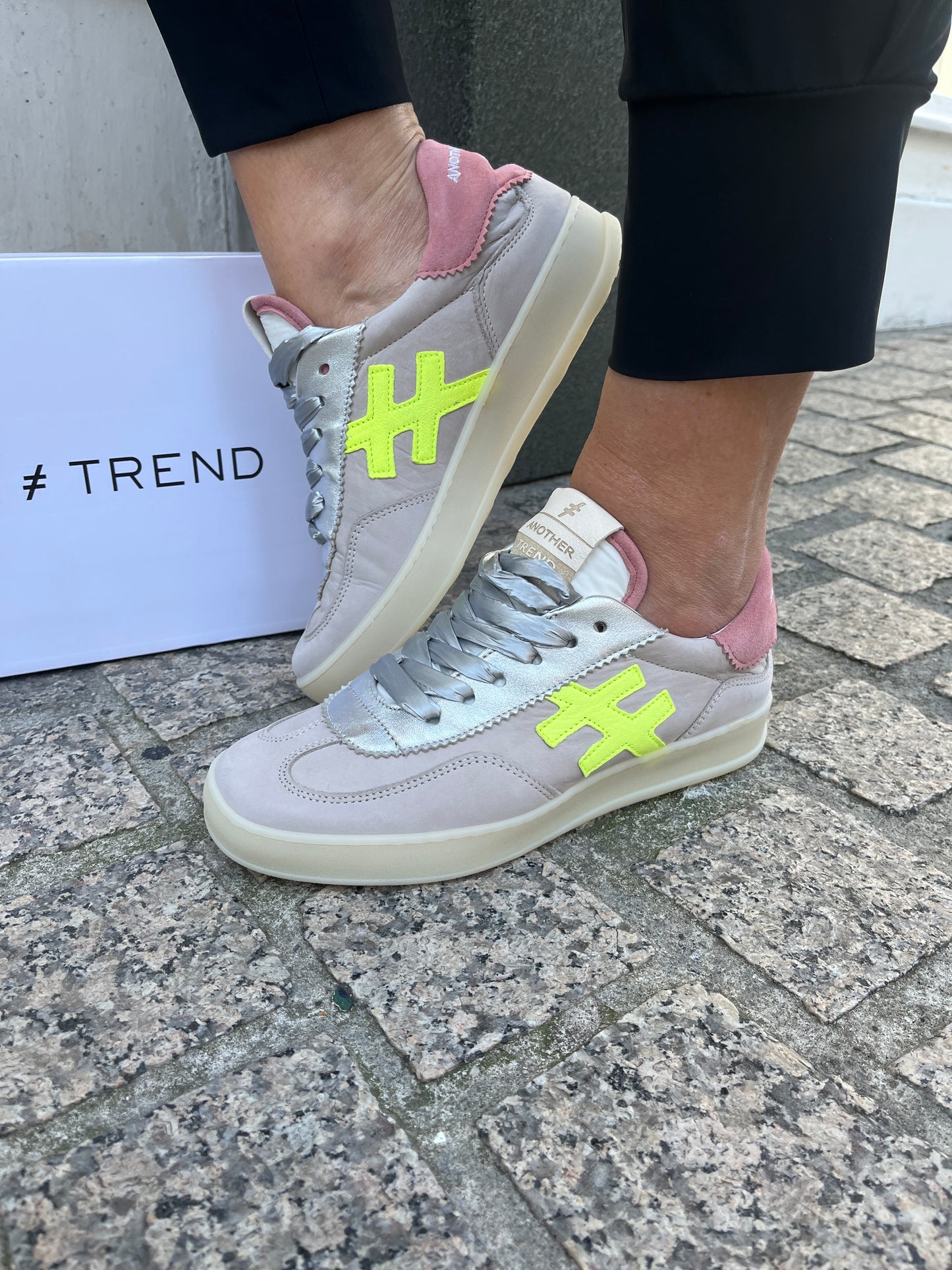 Another Trend A0322738 Tortola Taupe Suede Trainers with Pink Back & Neon Side