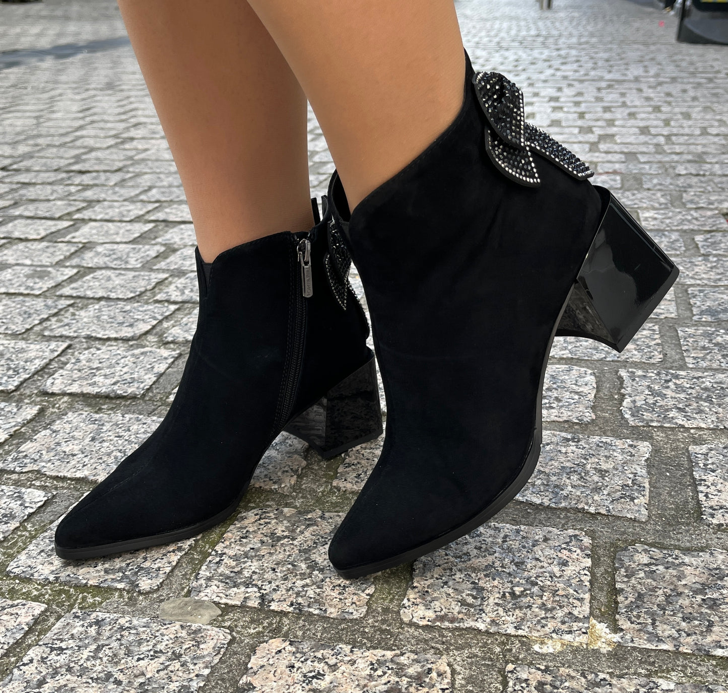 Loretta Vitale C2439605 Black Suede Ankle Boots with Diamonte Bow on Heel