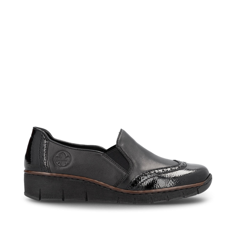 Rieker 53776-00 Black Slip On Shoes with Patent Toe & Heel