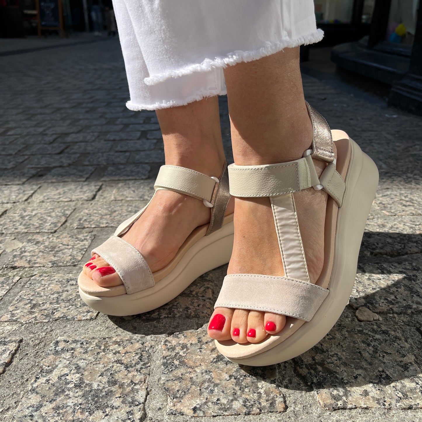 Callaghan 29925 Cream,Beige Velcro Sandals with Gold Slingback Strap