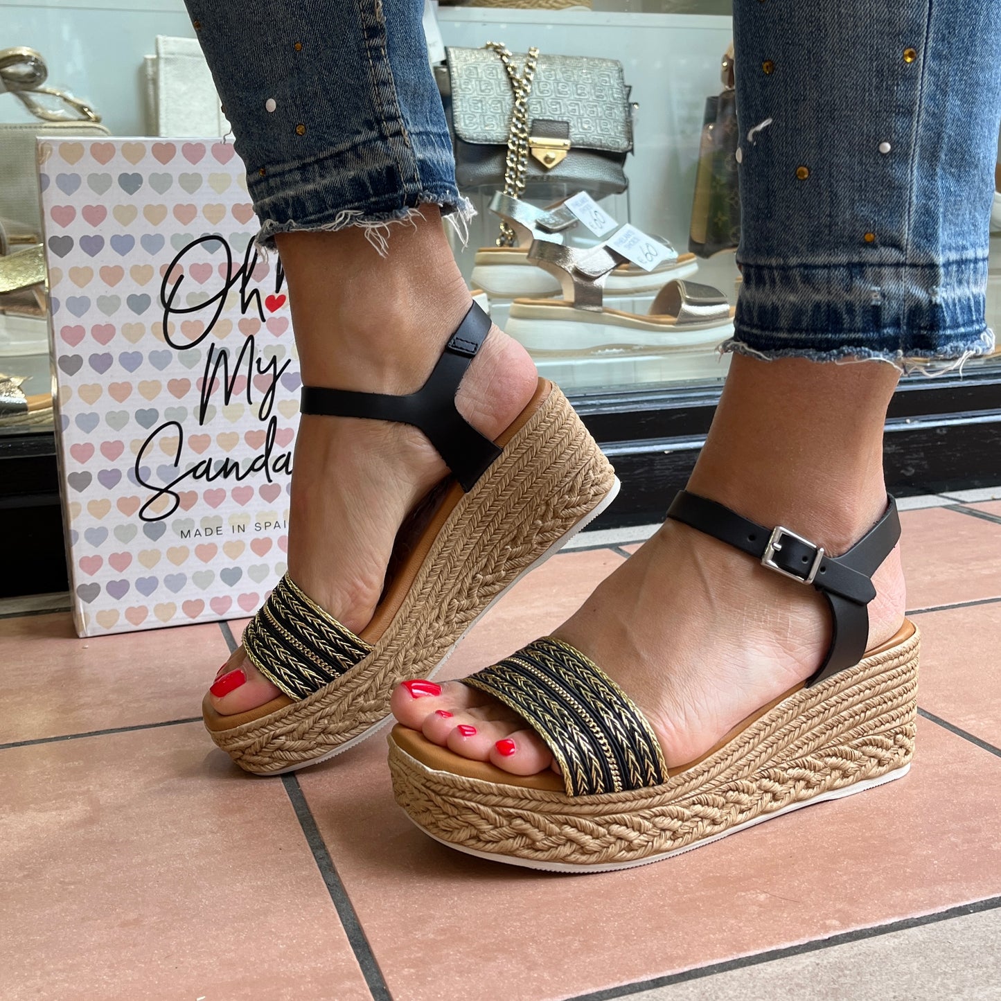 Oh My Sandals 5452 Black Gold Weave Sandals