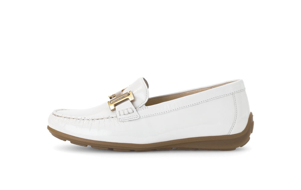 Gabor Comfort 62.442.90 Off White Patent G Fit Slip On Moccasins with Gold Bar