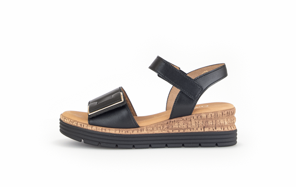 Gabor Comfort 62.700.57 G Fit Black & Gold Velcro Sandals with Slingback Strap