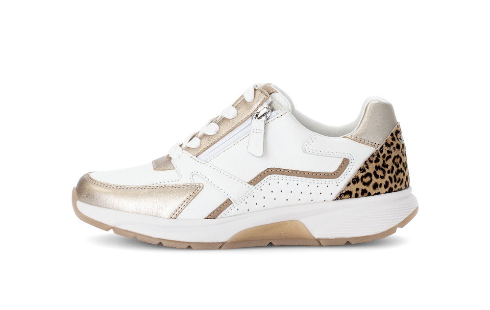Gabor Rollingsoft 66.878.53 White & Gold Sneakers with Zip & Lace with Leopard/Cheetah Heel