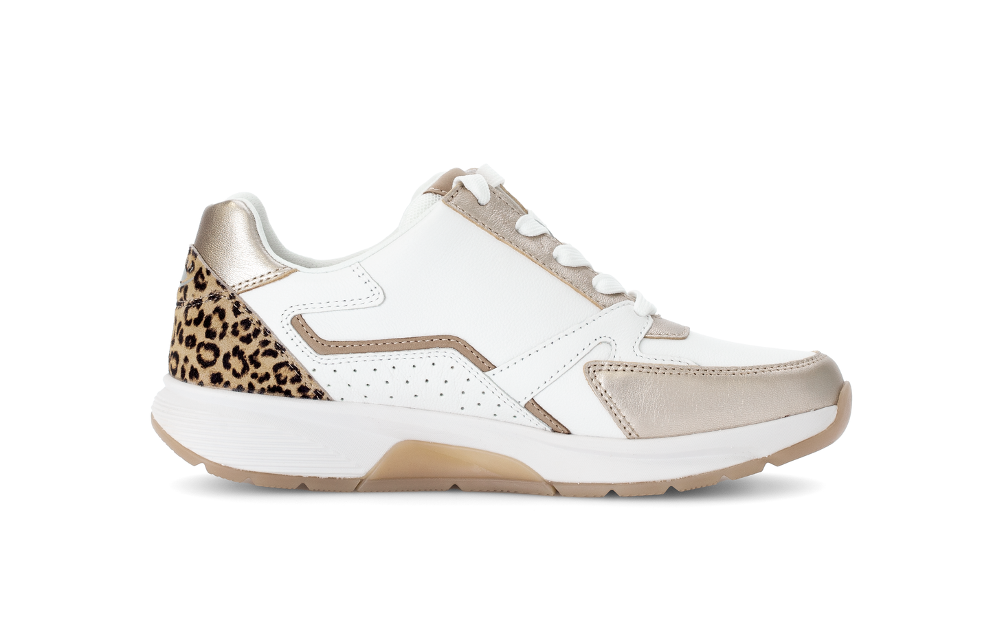 Gabor Rollingsoft 66.878.53 White & Gold Sneakers with Zip & Lace with Leopard/Cheetah Heel
