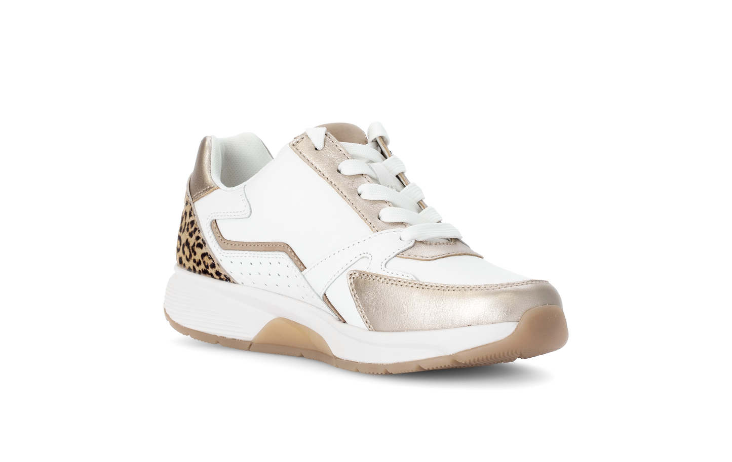 Gabor Rollingsoft 66.878.53 White & Gold Sneakers with Zip & Lace with Leopard/Cheetah Heel