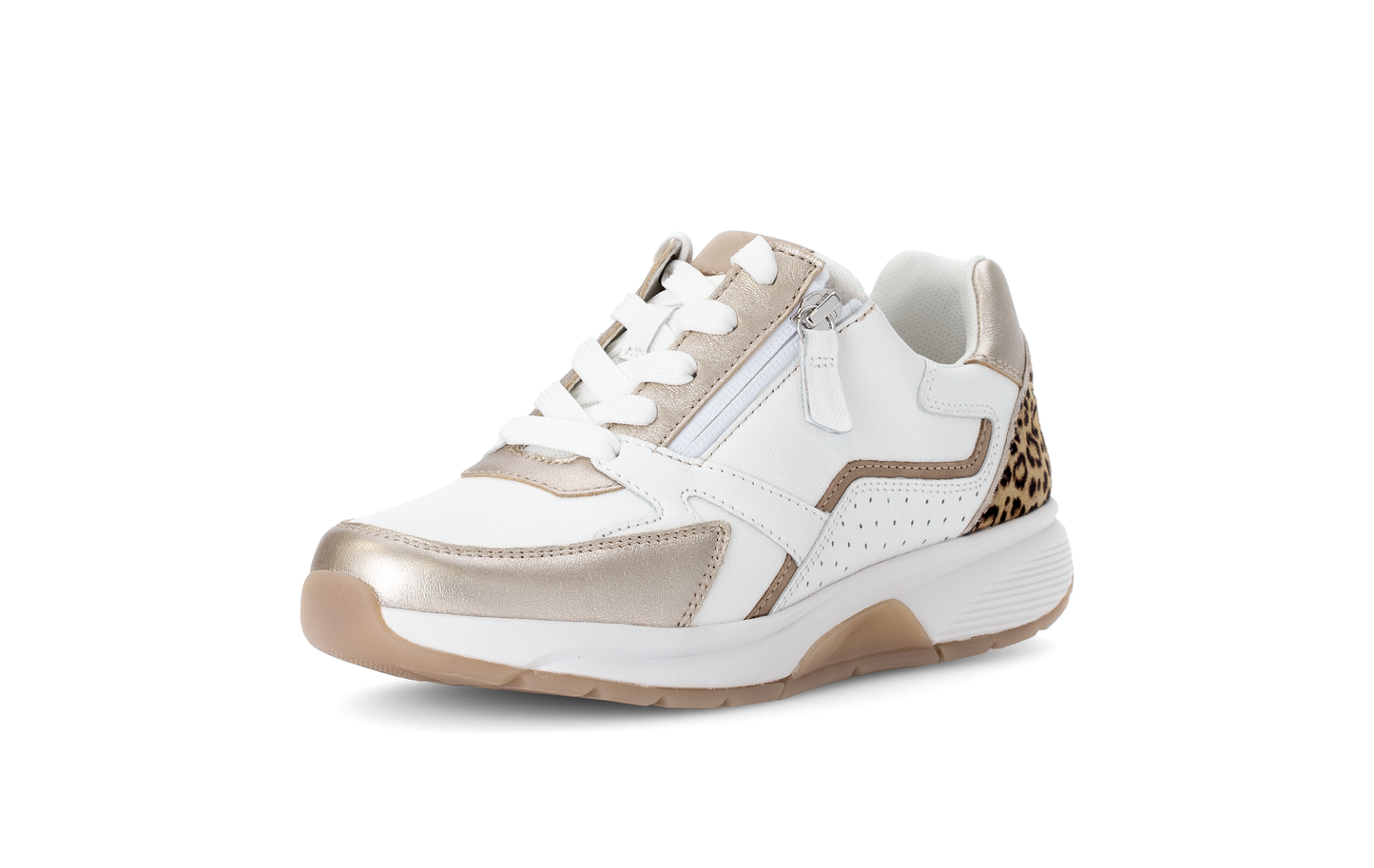 Gabor Rollingsoft 66.878.53 White & Gold Sneakers with Zip & Lace with Leopard/Cheetah Heel