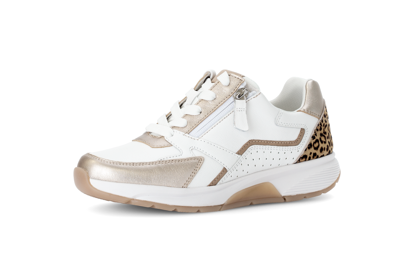 Gabor Rollingsoft 66.878.53 White & Gold Sneakers with Zip & Lace with Leopard/Cheetah Heel