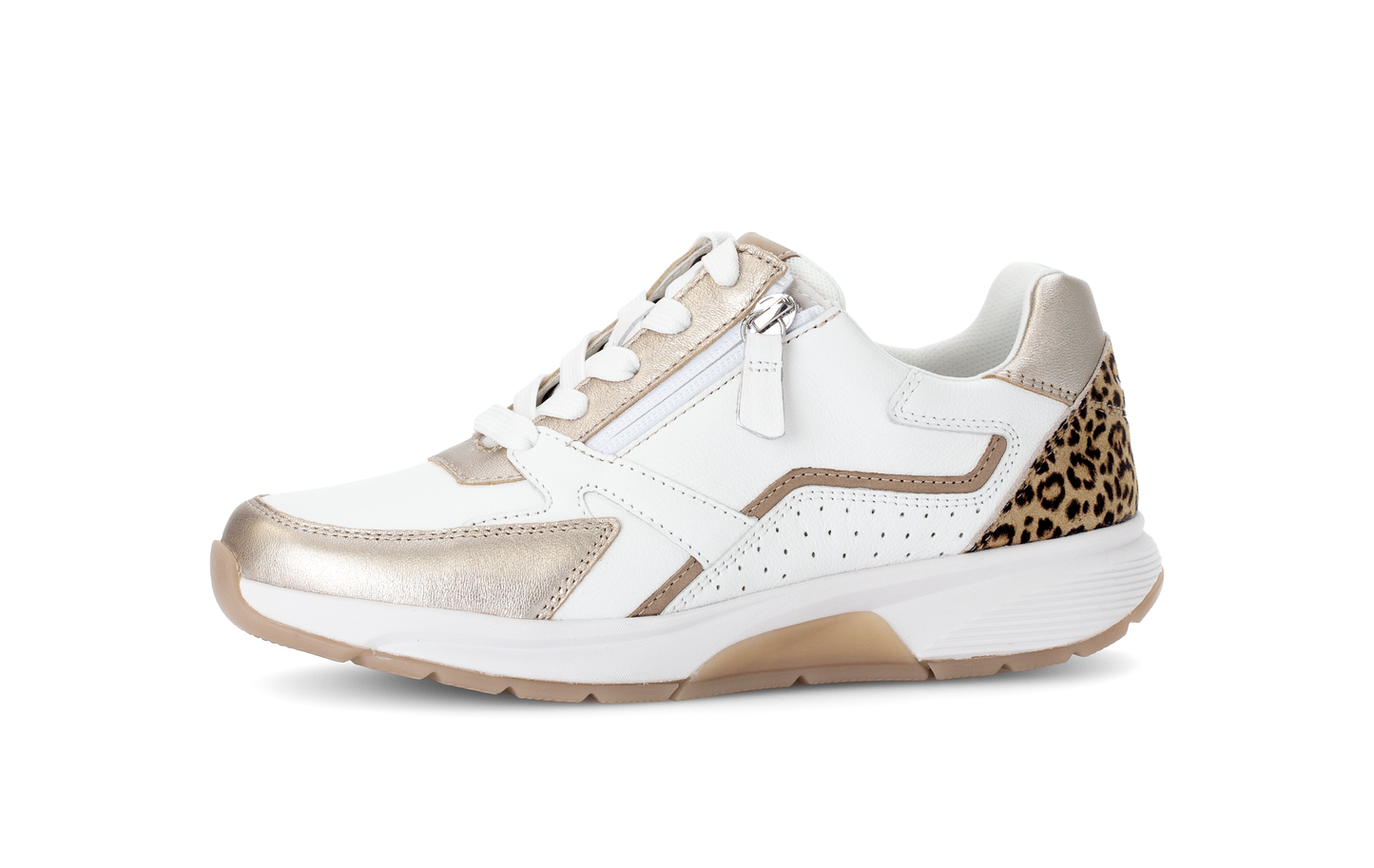 Gabor Rollingsoft 66.878.53 White & Gold Sneakers with Zip & Lace with Leopard/Cheetah Heel