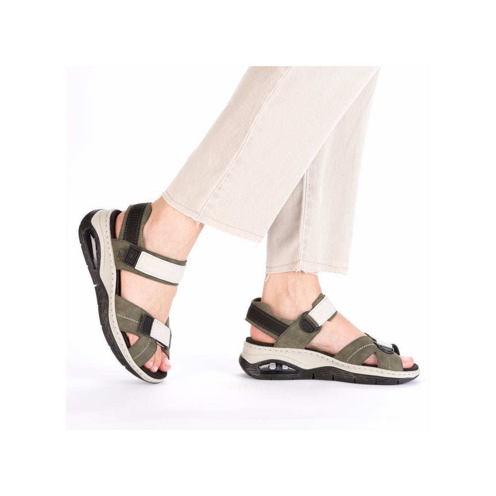 Rieker 67651-54 Khaki & Off White Combi Velcro Sandals with Slingback Strap