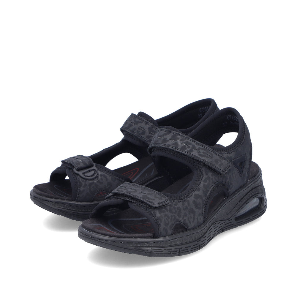 Rieker 67666-00 Black Print Velcro Sandals with Slingback Strap