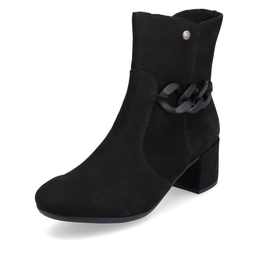 Rieker 70253-00 Black Block Heel Boots with Side Chain