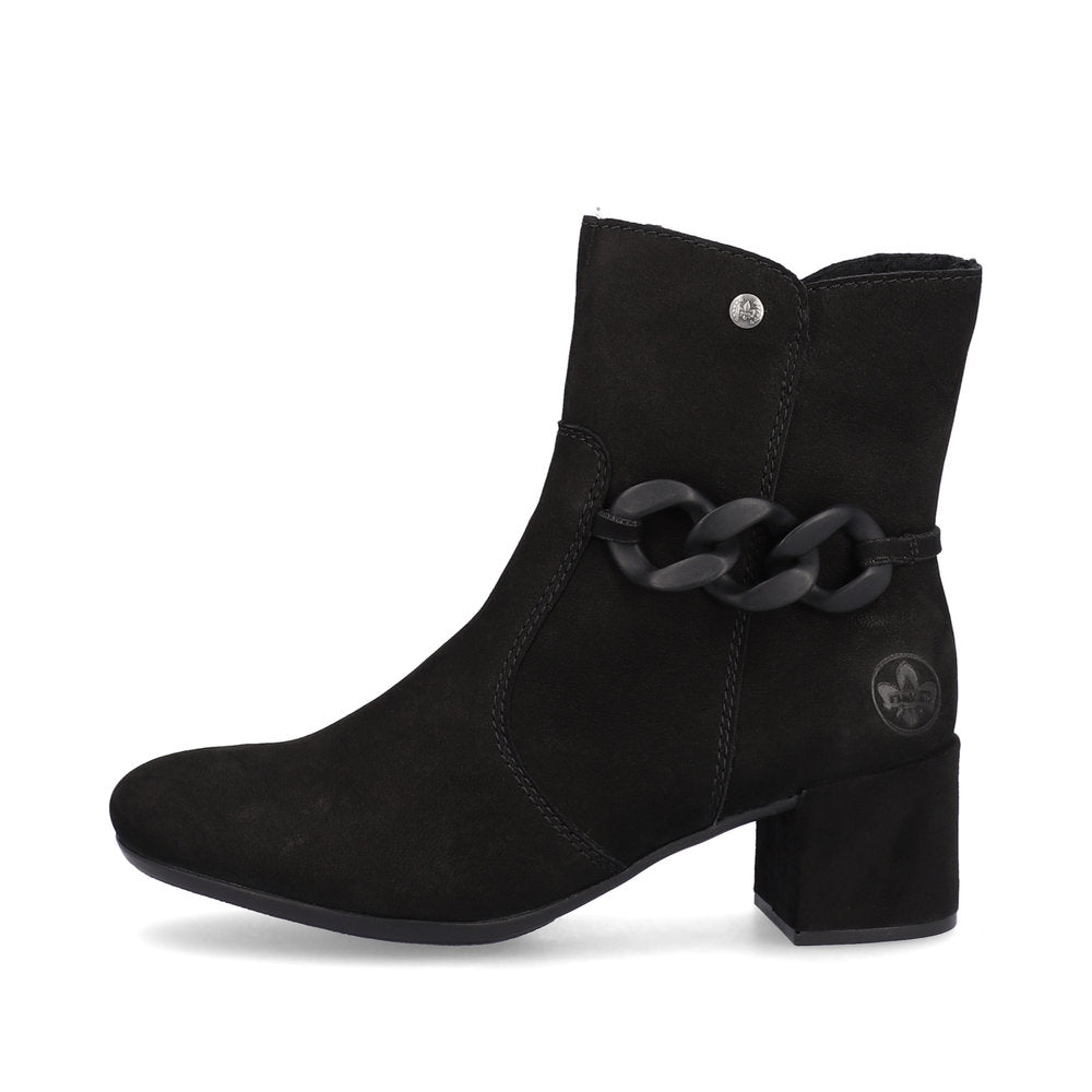 Rieker 70253-00 Black Block Heel Boots with Side Chain