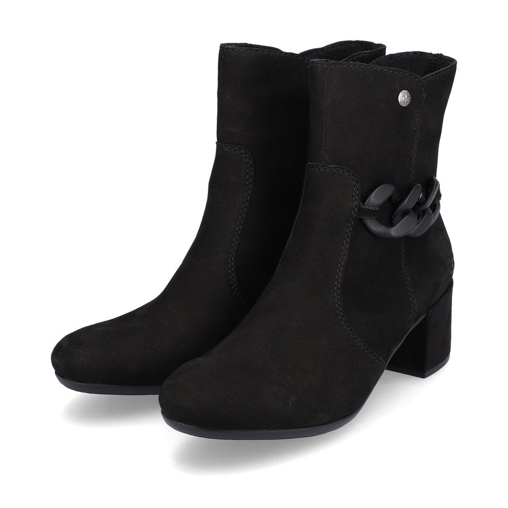 Rieker 70253-00 Black Block Heel Boots with Side Chain