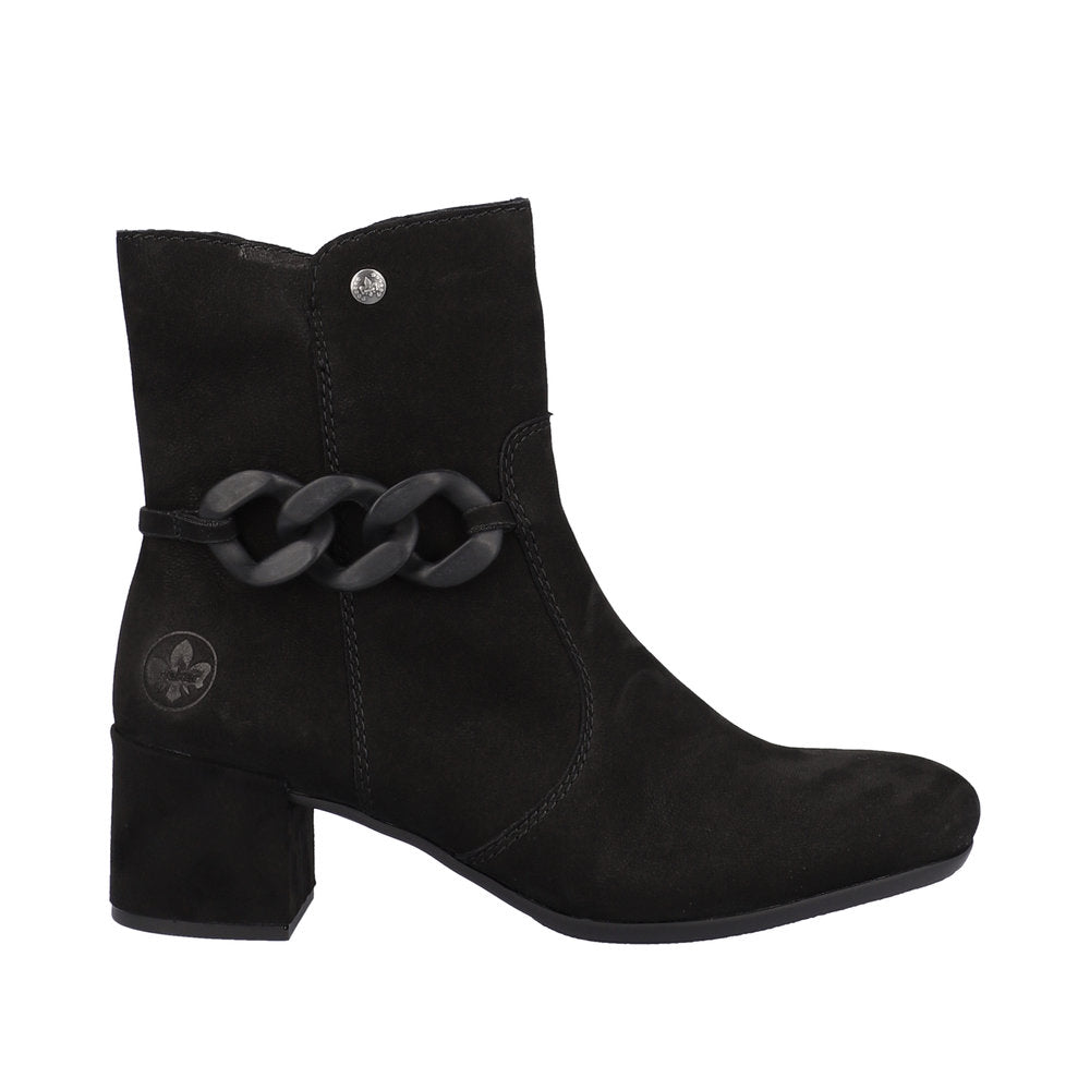 Rieker 70253-00 Black Block Heel Boots with Side Chain