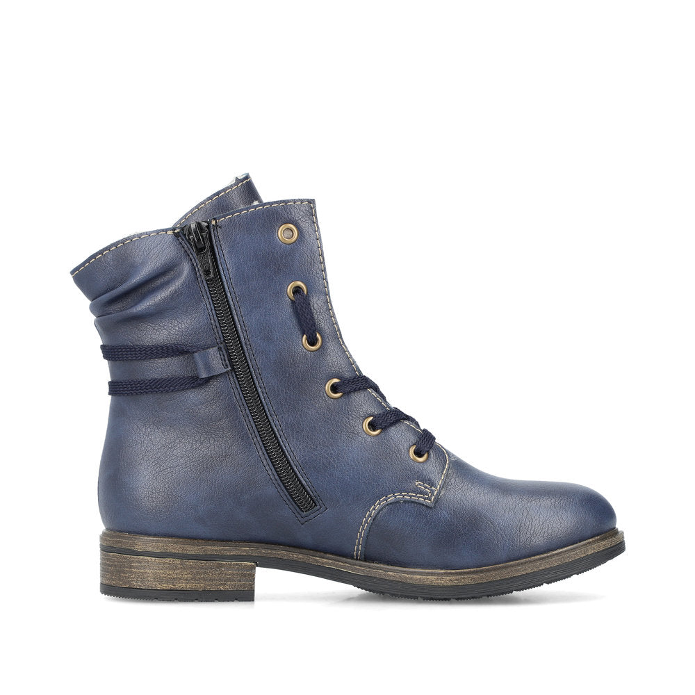 Rieker 72229-14 Blue Boots with Cream Stitching and Navy Laces