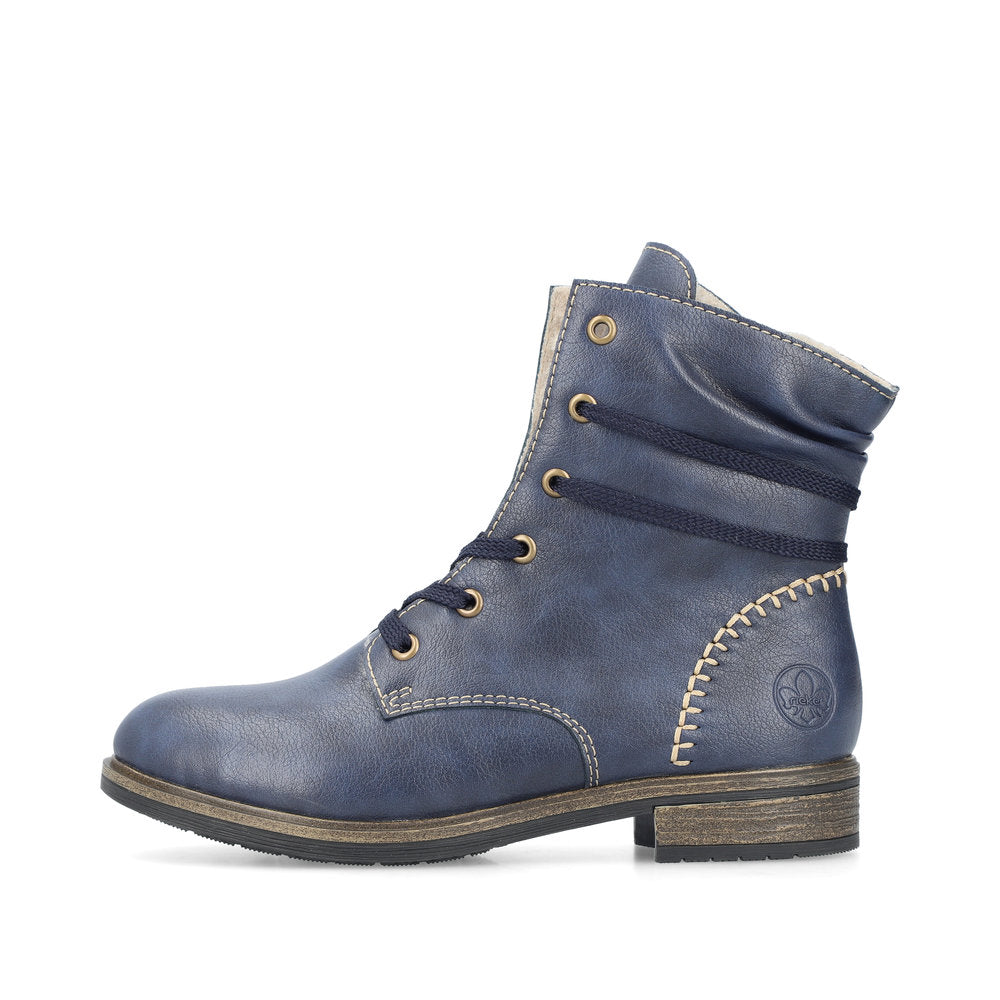 Rieker 72229-14 Blue Boots with Cream Stitching and Navy Laces