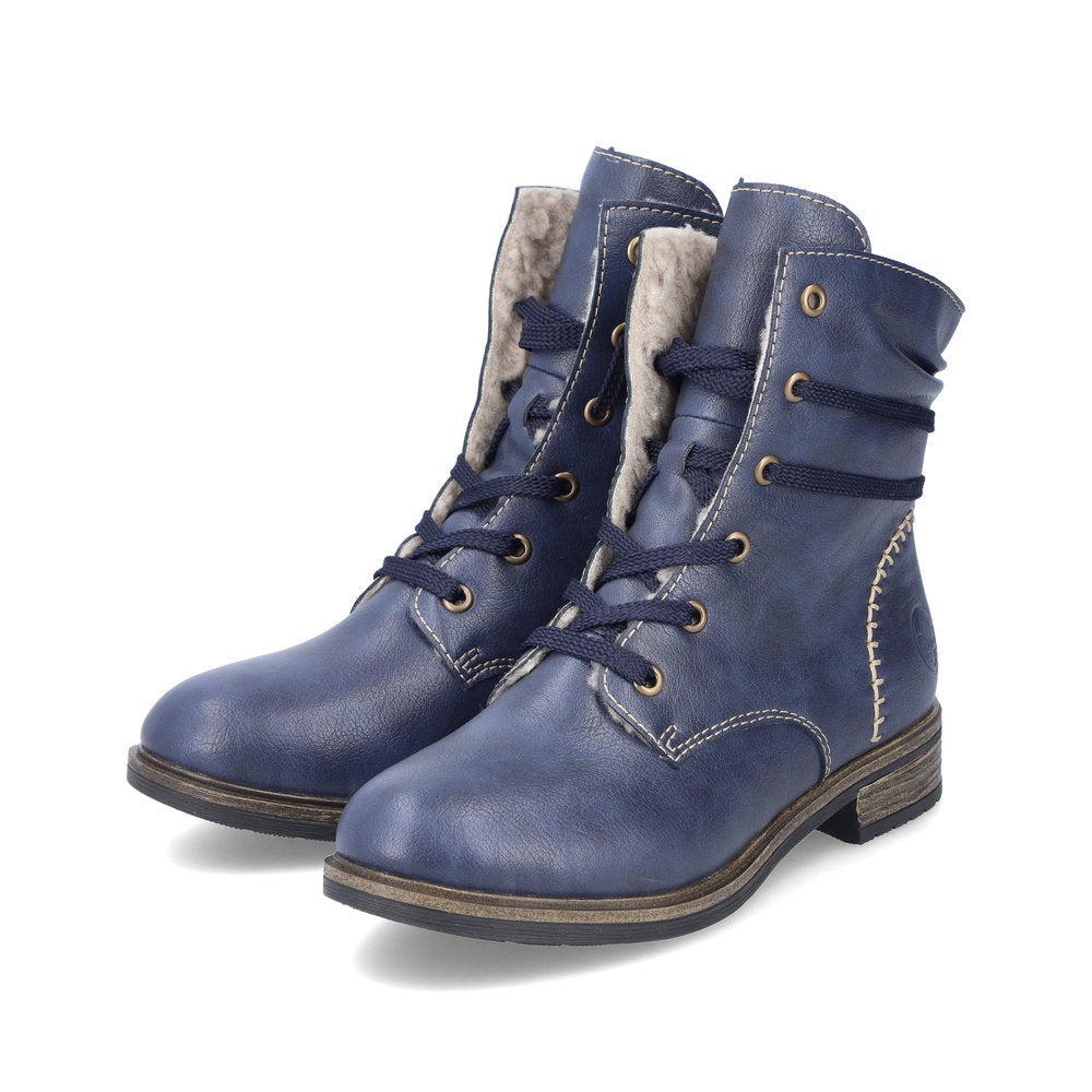 Rieker 72229-14 Blue Boots with Cream Stitching and Navy Laces