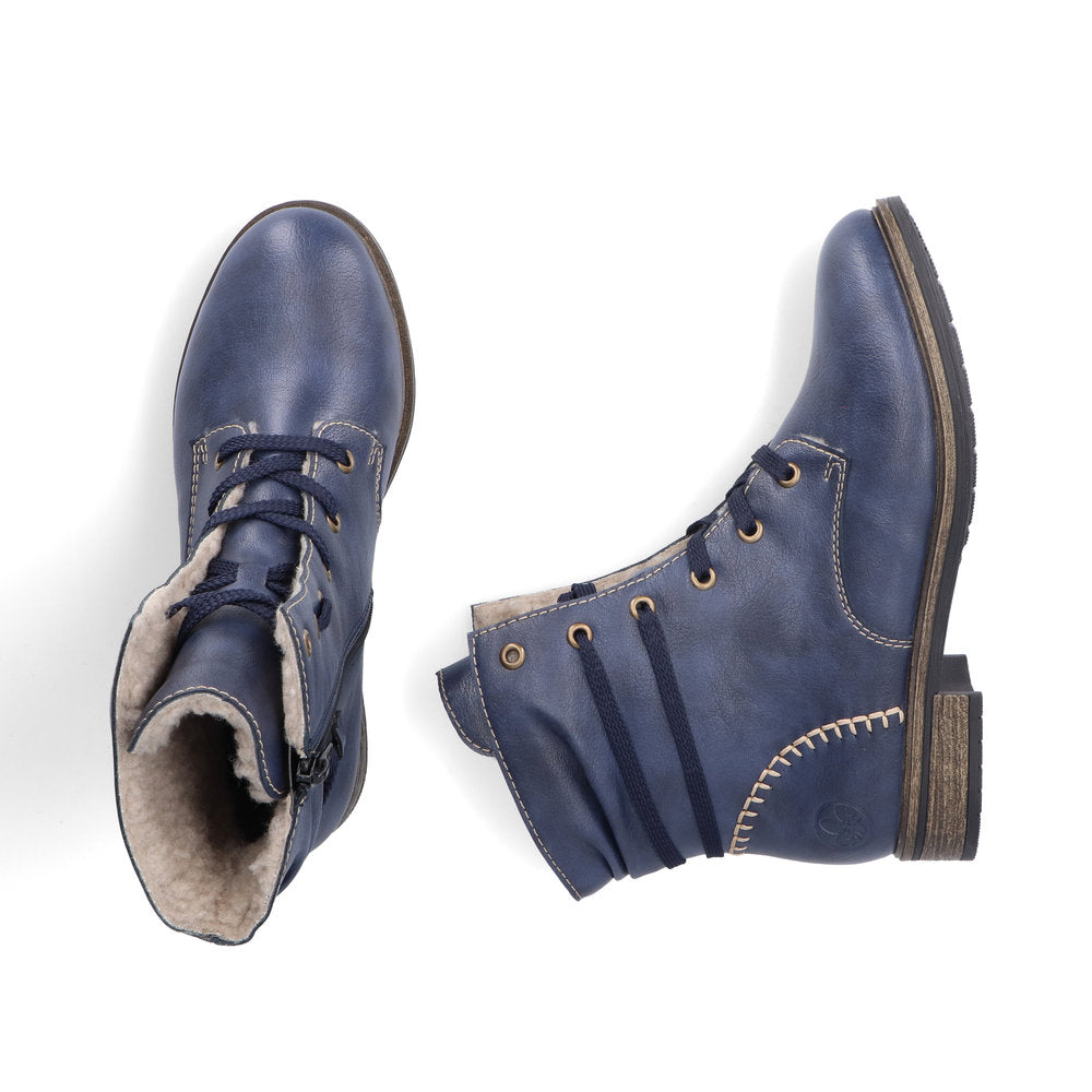 Rieker 72229-14 Blue Boots with Cream Stitching and Navy Laces