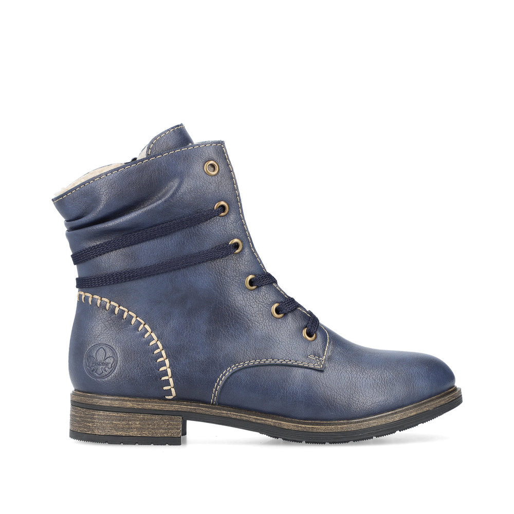 Rieker 72229-14 Blue Boots with Cream Stitching and Navy Laces