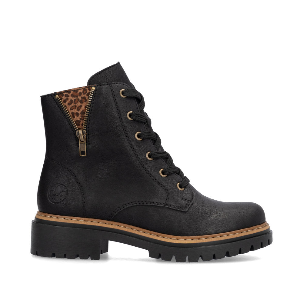 Rieker 72617-00 Black Lace Ankle Boots with Leopard Print