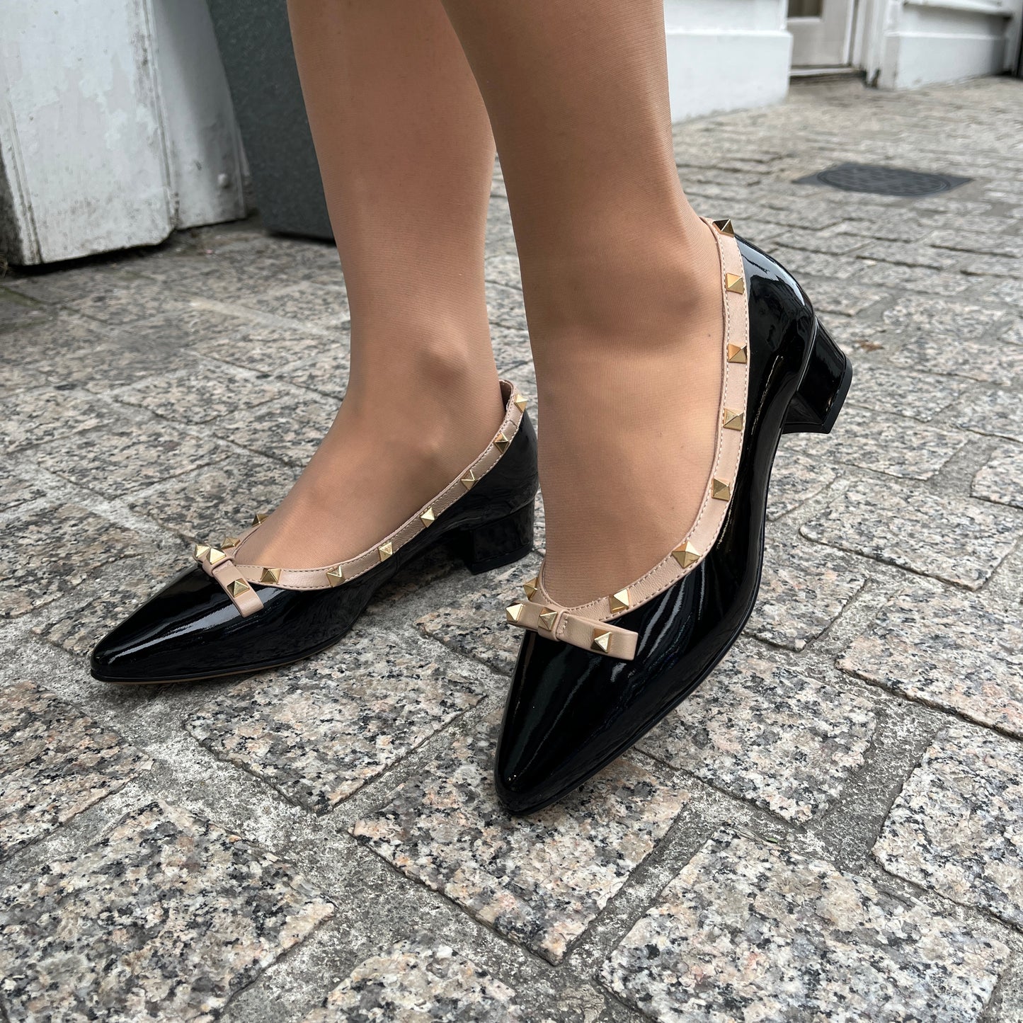 Loretta Vitale C9303 Black Patent Beige Trim Slip On Shoes with Studs