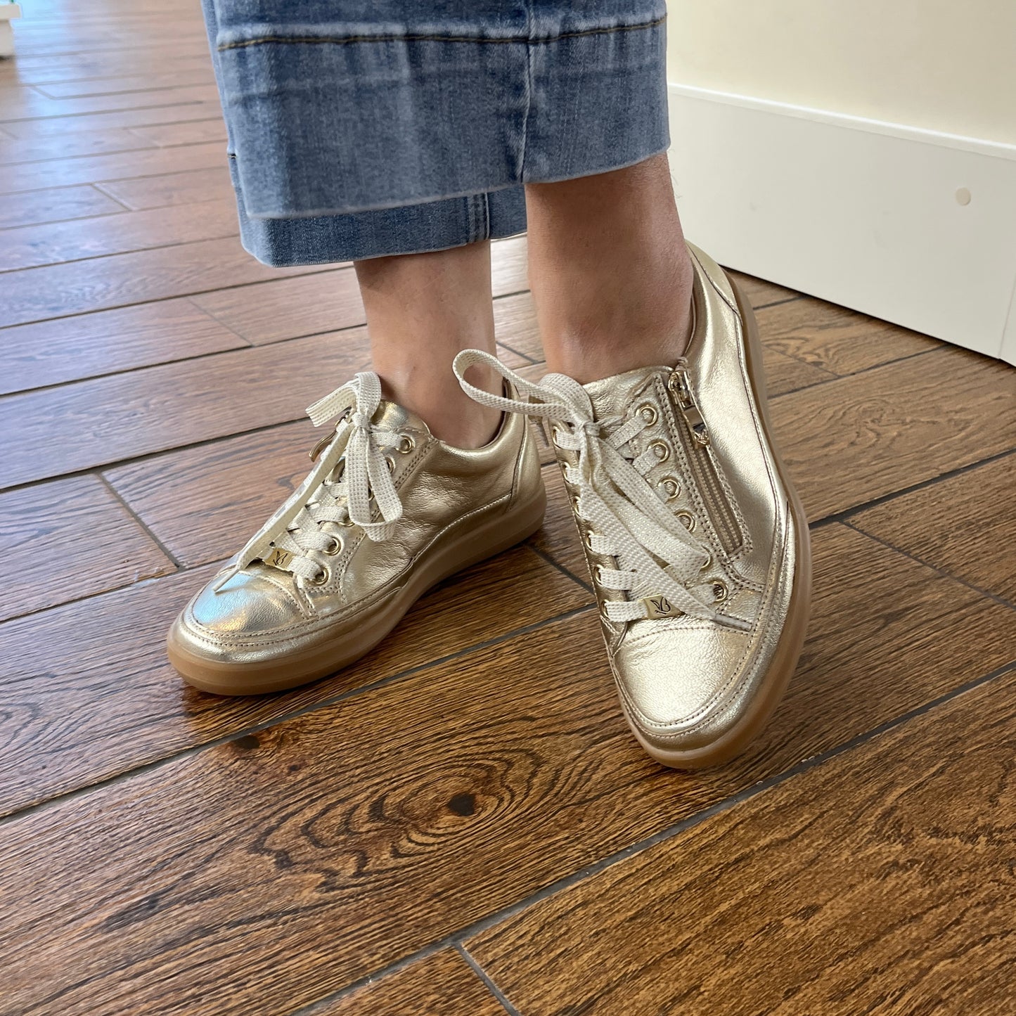 Caprice 9-23706-44-959 Platinum Gold Metallic Lace Trainers with Zip